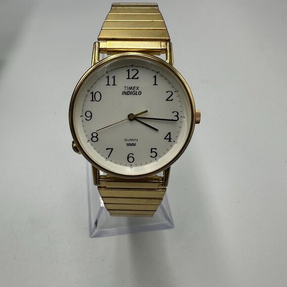 Vintage Timex Watch Men Gold Tone Stretch Band White Dial 34MM New Battery 7.75" - Picture 1 of 10
